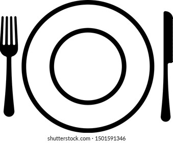Black Plate, fork and knife icon isolated on white background. Cutlery symbol. Restaurant sign.  Vector Illustration
