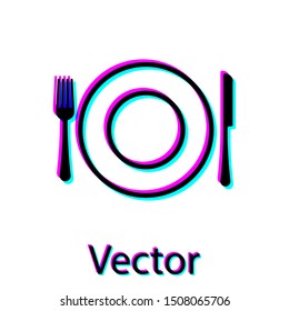 Black Plate, fork and knife icon isolated on white background. Cutlery symbol. Restaurant sign.  Vector Illustration