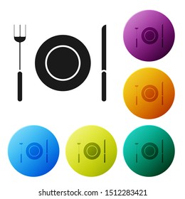 Black Plate, fork and knife icon isolated on white background. Cutlery symbol. Restaurant sign. Set icons colorful circle buttons. Vector Illustration