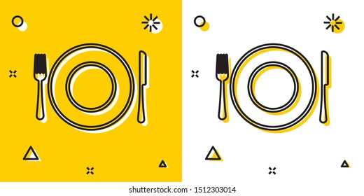 Black Plate, fork and knife icon isolated on yellow and white background. Cutlery symbol. Restaurant sign. Random dynamic shapes. Vector Illustration