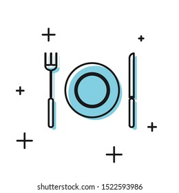 Black Plate, fork and knife icon isolated on white background. Cutlery symbol. Restaurant sign.  Vector Illustration