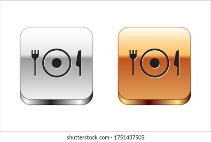 Placa negra, tenedor e icono de cuchillo aislado en fondo blanco. Símbolo de cubiertos. Señal de restaurante. Botón cuadrado de oro plateado. Vector