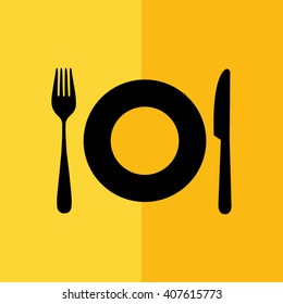 Black plate fork knife icon vector illustration. Yellow background