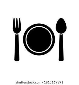 Black Plate with fork and spoon icon flat.
