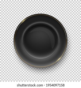 Black plate with golden border on transparent background. Empty dish for dinner, breakfast or lunch vector illustration. Clean porcelain dishware with decoration, flat lay.