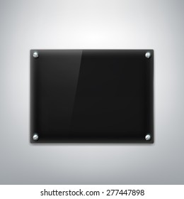 Black plate hanging on a gray wall. Vector Image.