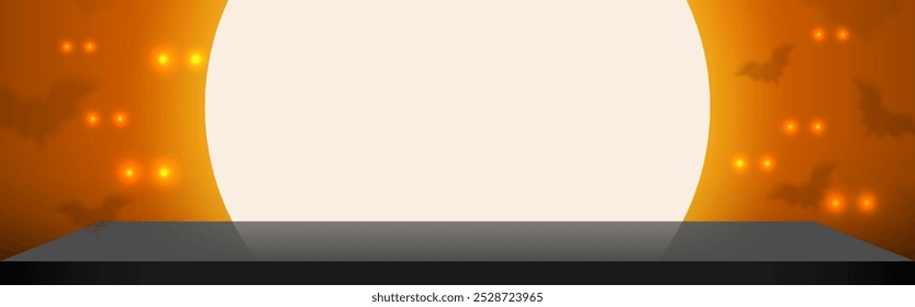 Plataforma negra con la escena de Halloween, silueta de los murciélagos de la luna. Espacio para la publicidad de la exhibición del producto en día de Halloween. Ilustración vectorial.