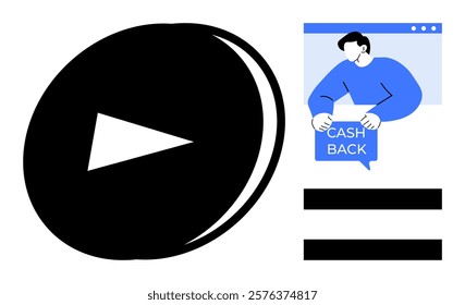 Black play button beside a person holding a cashback sign on a window interface. Ideal for online learning, digital marketing, e-commerce, customer rewards, financial education, and modern sales