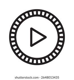 A black play button icon with a film reel border on a white background.