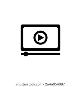 Ícone preto do botão de reprodução dentro de um quadro do player de vídeo com uma barra de controle abaixo, isolado em um fundo branco. Perfeito para mídia, streaming, tutorial ou conteúdo online relacionado a vídeo.