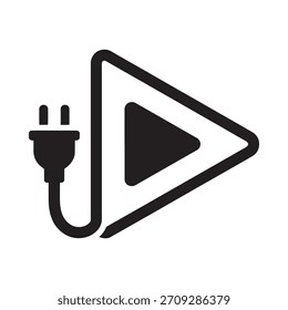 Um símbolo de botão preto de reprodução é conectado por um cabo a um plugue elétrico, simbolizando a energia para reprodução de mídia.