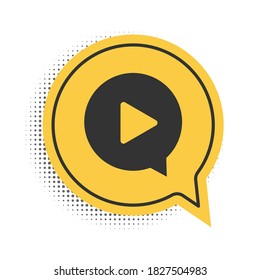 Black Play in circle icon isolated on white background. Yellow speech bubble symbol. Vector.