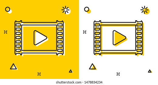 Black Play Video icon isolated on yellow and white background. Film strip with play sign. Random dynamic shapes. Vector Illustration Black Play Video icon isolated on yellow and white background. Film strip with play sign. Random dynamic shapes. Vector Illustration