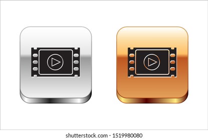 Black Play Video icon isolated on white background. Film strip with play sign. Silver-gold square button. Vector Illustration