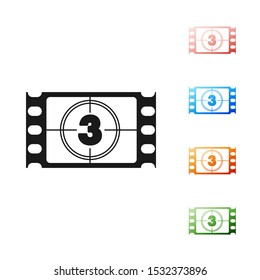Black Play Video icon isolated on white background. Film strip with start sign. Set icons colorful. Vector Illustration
