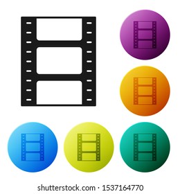 Black Play Video icon isolated on white background. Film strip sign. Set icons colorful circle buttons. Vector Illustration