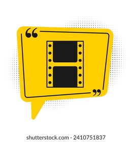 Black Play video icon isolated on white background. Film strip sign. Yellow speech bubble symbol. Vector