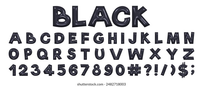 Black playful alphabet in Y2K style. 3D rendering of plump letters, plastic glossy reflective texture. Vector illustration.