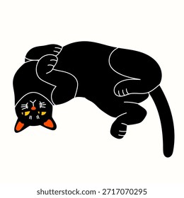 Black playful Cat lying on side. Cozy, comfortable position. Funny cute character. Hand drawn trendy Vector illustration. T-shirt print, poster, sticker, card, logo design template