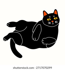 Black playful Cat lying on side. Cozy, comfortable position. Funny cute character. Hand drawn trendy Vector illustration. T-shirt print, poster, sticker, card, logo design template