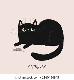 Black playful cat with a mouse. Vector illustration.