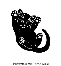 Black playful cat silhouette isolated on white background. Cute kitty. Print design for t-shirts, stickers, souvenirs. humorous animals. Flat style in vector illustration. 