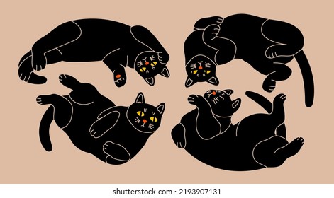 Black playful Cats lying in various poses. Uncomfortable positions. Funny cute characters set. Hand drawn modern Vector illustration. T-shirt print, poster, sticker, card, logo design template