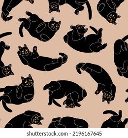 Black playful Cats lying in various poses. Uncomfortable positions. Funny cute characters. Hand drawn modern Vector illustration. Square seamless Pattern. Background, wallpaper