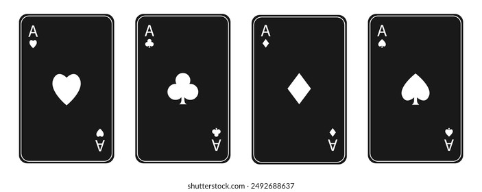 Black playing card set. Four aces icon. Poker cards suits. Diamonds, hearts, clubs, spades ace. Winning poker hand. Las Vegas Casino gambling concept. Simple flat design. Black background. Vector