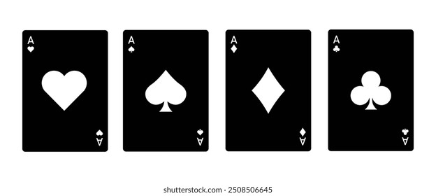 Black playing card set. Four playing card suits icon set. Poker cards suits. Hearts, clubs, diamonds, spades ace. Winning poker hand. Casino gambling concept. Isolated on white background.