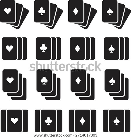 Black playing card stacks featuring heart, club, diamond, and spade symbols. Bold casino card icons form a clean grid pattern on white background. Ideal for poker graphics, gambling themes, and game i