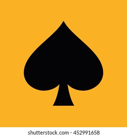 Black playing card suit spade vector icon. Yellow background