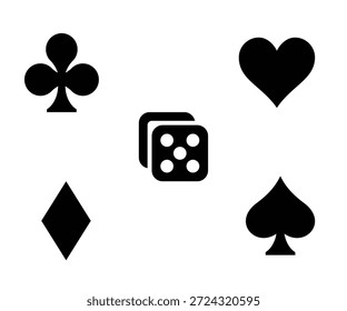 Trajes negros de la tarjeta de juego y dados en blanco