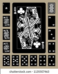 Black playing cards of Clubs suit with white linear drawing. Original design. Vector illustration