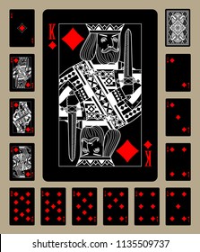 Black playing cards of Diamonds suit with white linear drawing. Original design. Vector illustration