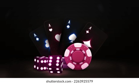 Black playing cards, dice and casino chips in dark scene