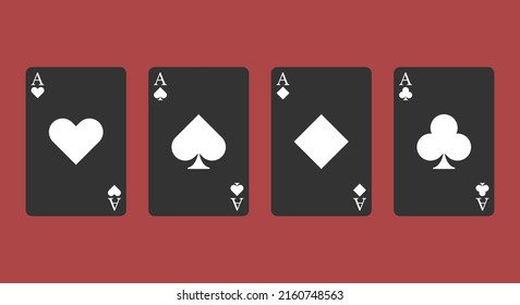 Black playing cards four aces separated from each other for games like poker and blackjack, roulette. Betting club and gambling, vector, flat style.