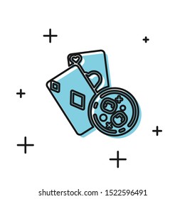 Black Playing cards and glass of whiskey with ice cubes icon isolated on white background. Casino gambling.  Vector Illustration