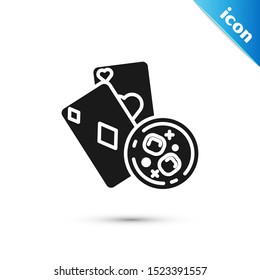 Black Playing cards and glass of whiskey with ice cubes icon isolated on white background. Casino gambling.  Vector Illustration