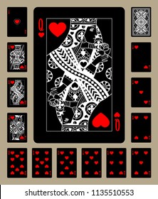 Black playing cards of Hearts suit with white linear drawing. Original design. Vector illustration