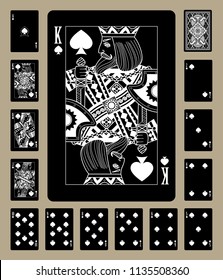 Black playing cards of Spades suit with white linear drawing. Original design. Vector illustration