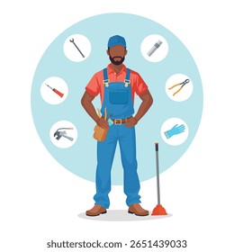 Black Plumber Standing on White Background with Plumbing Tools Around – Vector Illustration Featuring Wrench, Plunger, Gloves, Pipe Connector, Screwdriver, Pliers – Labor Day Concept
