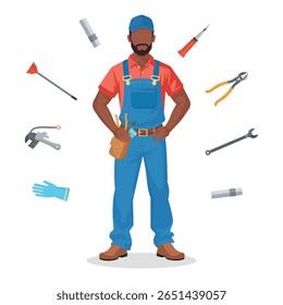 Black Plumber Standing on White Background with Plumbing Tools Around – Vector Illustration Featuring Wrench, Plunger, Gloves, Pipe Connector, Screwdriver, Pliers – Labor Day Concept
