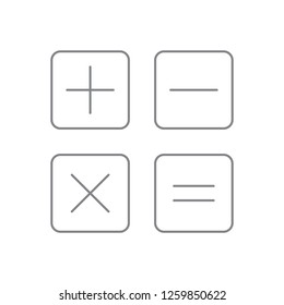 Black plus minus division multiplication +, -, x, = rounded square shape black contour thin line icon, simple flat design for app, ui, ux, web, button, interface vector isolated on white background