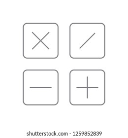 Black plus minus division multiplication +, -, x, = rounded square shape black contour thin line icon, simple flat design for app, ui, ux, web, button, interface vector isolated on white background