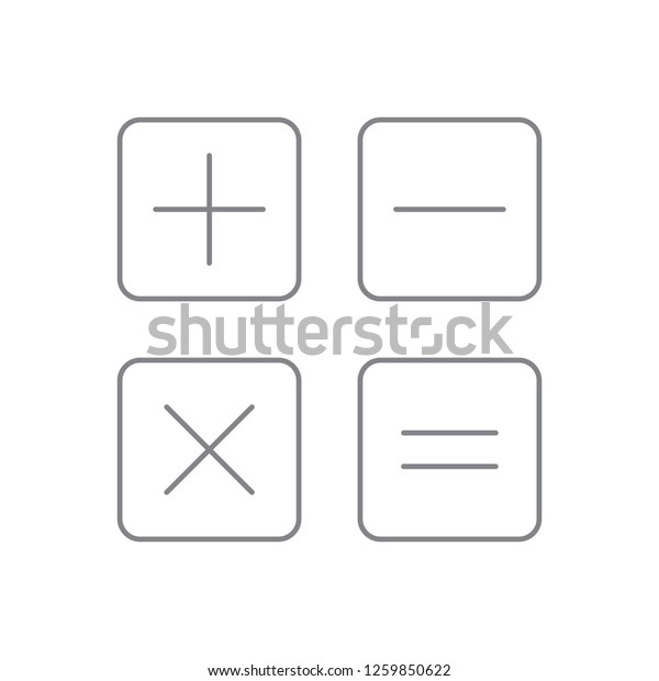 Black plus minus division multiplication +, -,\
x, = rounded square shape black contour thin line icon, simple flat\
design for app, ui, ux, web, button, interface vector isolated on\
white background