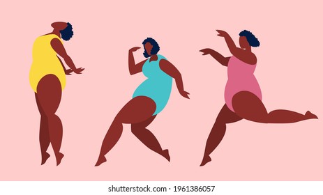 Black plus size woman in swimsuit dancing, girl in different poses