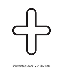 Um símbolo de adição preto com bordas terminais arredondadas é exibido em um fundo branco, oferecendo uma linha minimalista e limpa que é matematicamente e universalmente reconhecível.
