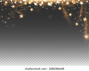 Black Png Background Decorated With Star String Lights, Bokeh Effect And Copy Space.