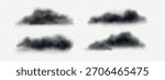 Black PNG realistic clouds. Set of dark clouds, smoke, fog isolated on white background